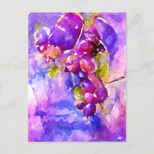 Aquarell. Gemalte Weintrauben in blau und lila. Postcard