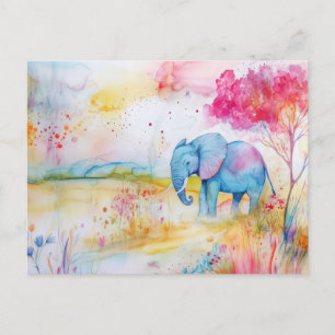 Aquarell Illustration eines Elefanten mit Blumen Postcard