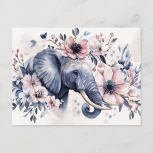 Aquarell Illustration eines Elefanten mit Blumen Postcard