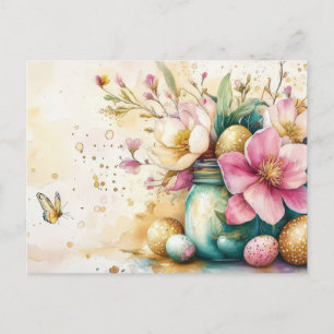 Aquarell Oster Postkarte mit Ostereiern und Blumen Postcard