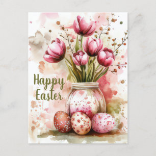 Aquarell Oster Postkarte mit Ostereiern und Blumen Postcard