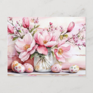 Aquarell Oster Postkarte mit Ostereiern und Blumen Postcard