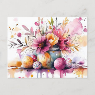 Aquarell Oster Postkarte mit Ostereiern und Blumen Postcard