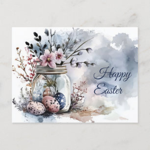 Aquarell Oster Postkarte mit Ostereiern und Blumen Postcard