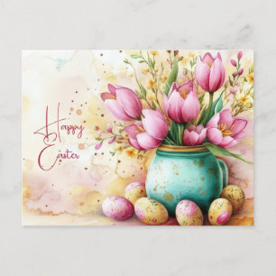 Aquarell Oster Postkarte mit Ostereiern und Blumen Postcard