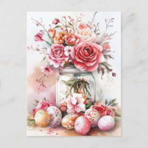 Aquarell Oster Postkarte mit Ostereiern und Blumen Postcard