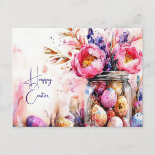 Aquarell Oster Postkarte mit Ostereiern und Blumen Postcard