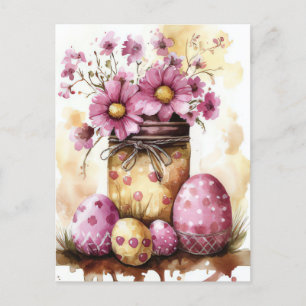 Aquarell Oster Postkarte mit Ostereiern und Blumen Postcard