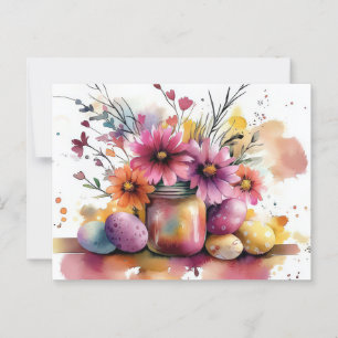 Aquarell Oster Postkarte mit Ostereiern und Blumen Postcard