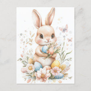 Aquarell Oster Postkarte mit Osterhase und Blumen Postcard
