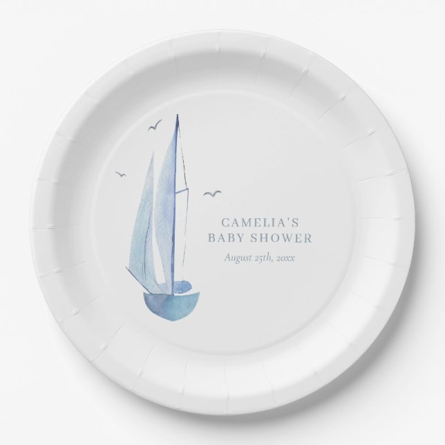 Aquarelle Sailboat Baby Shower Ahoy Boy's Welcome  Paper Plate (Front)