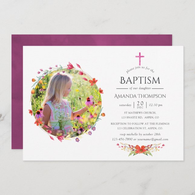 Aquarelle Wildflower Baptism or Christening Invitation (Front/Back)