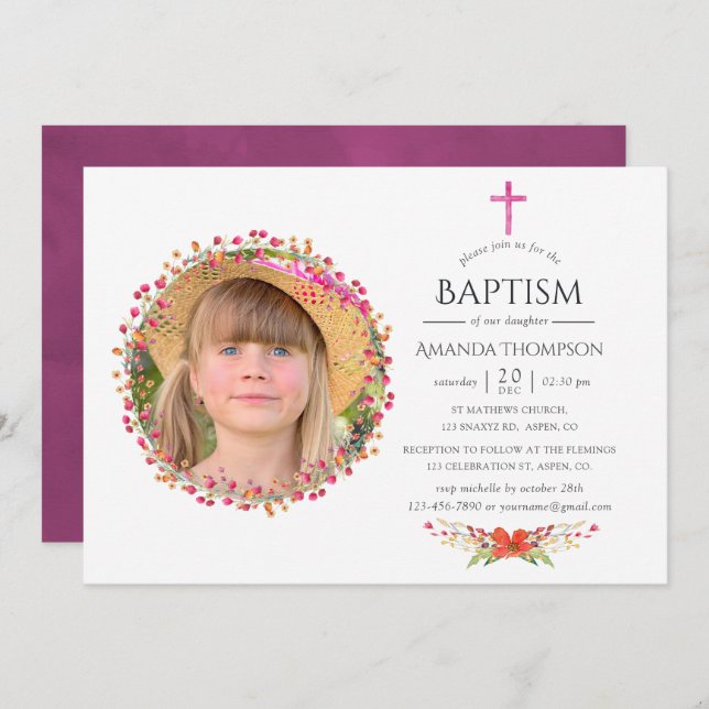 Aquarelle Wildflower Baptism or Christening Invitation (Front/Back)