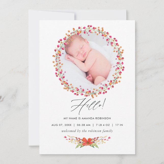 Aquarelle Wildflower Birth Announcement Photo Card (Front)