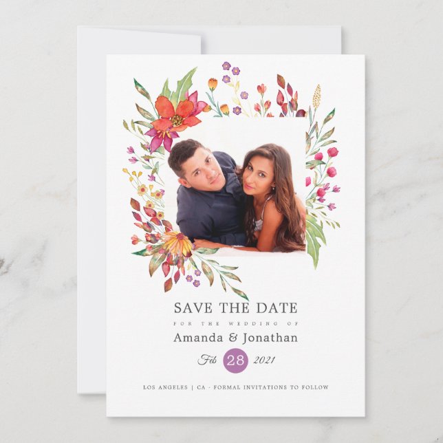 Aquarelle Wildflower Photo Wedding Save The Date (Front)
