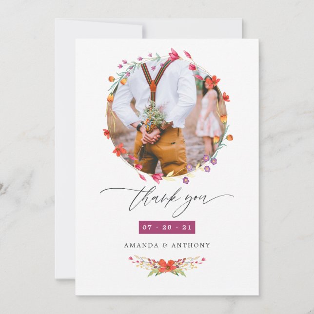Aquarelle Wildflower Wedding Photo Collage Thank You Card (Front)