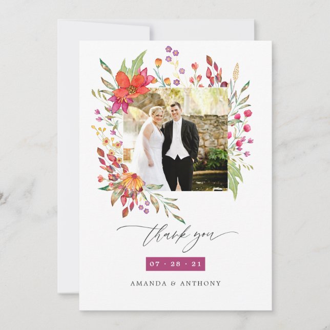 Aquarelle Wildflower Wedding Photo Thank You Card (Front)