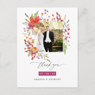 Aquarelle Wildflower Wedding Photo Thank You Postcard