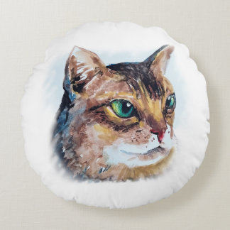 Aquarellporträt einer Katze Round Cushion