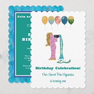 Aquarius 1st Birthday Impressionist Gold Glitter  Invitation