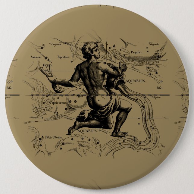 Aquarius Constellation Map Hevelius 1690 on Taupe 6 Cm Round Badge (Front)