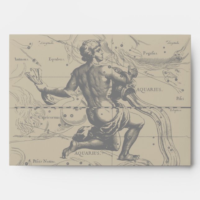 Aquarius Constellation Map Hevelius 1690 on Taupe Envelopes (Front)