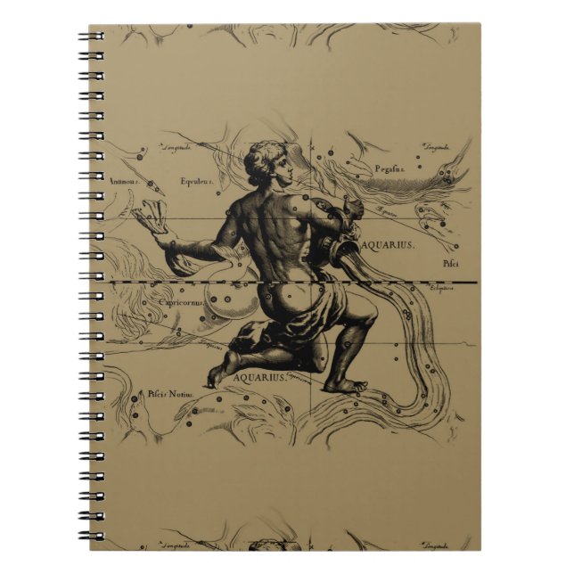 Aquarius Constellation Map Hevelius 1690 on Taupe Notebook (Front)