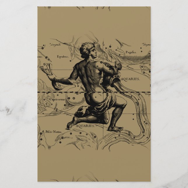 Aquarius Constellation Map Hevelius 1690 on Taupe Stationery (Front)