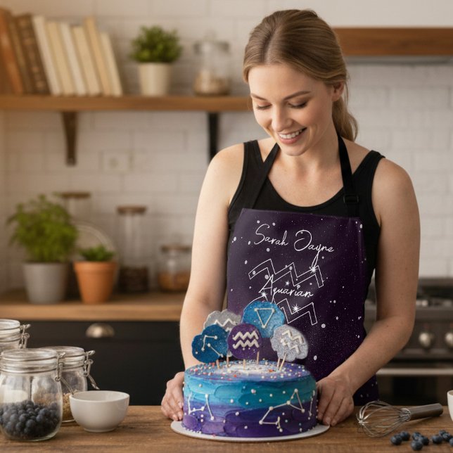 Aquarius Constellation Purple Sky Personalised Apron (For the Aquarian who loves astrology and baking. Just add their name)