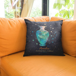 Aquarius Constellation Zodiac Watercolor Galaxy Cushion