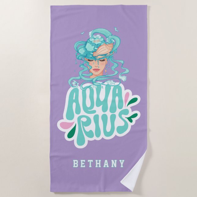 Aquarius Custom name Birthday Gift Beach Towel (Front)