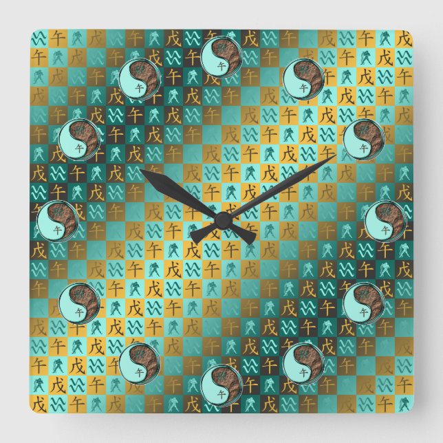 Aquarius & Earth Horse Square Wall Clock (Front)
