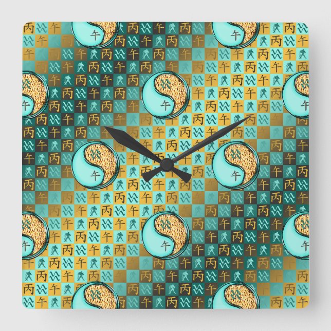 Aquarius & Fire Horse Square Wall Clock (Front)