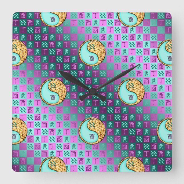 Aquarius & Fire Rooster Square Wall Clock (Front)