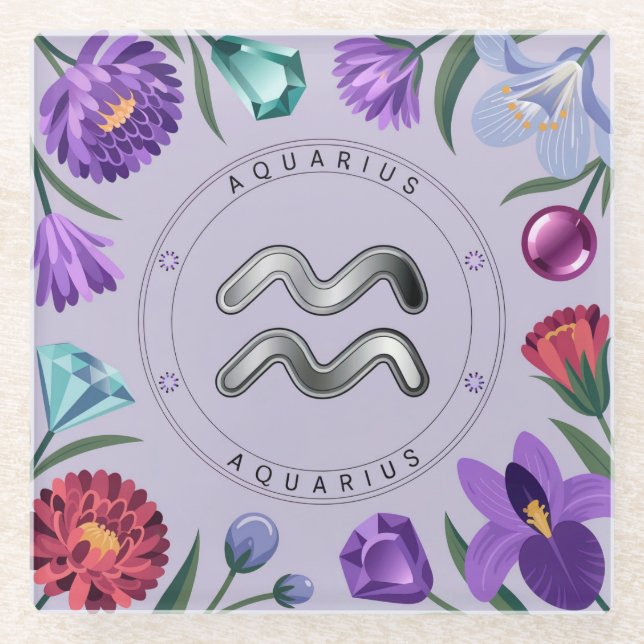 Aquarius Flowers Gemstones Glyph Coaster Set (Front)