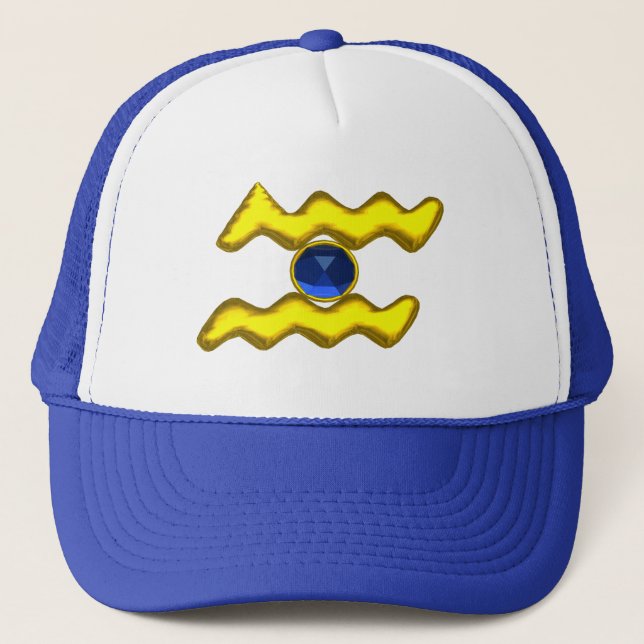 AQUARIUS /GOLD ZODIAC BIRTHDAY JEWEL TRUCKER HAT (Front)