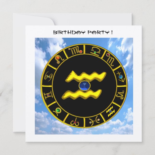 AQUARIUS.GOLD ZODIAC BIRTHDAY SIGN,ASTROLOGY CHART INVITATION (Front)