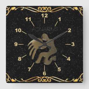 Aquarius golden sign square wall clock