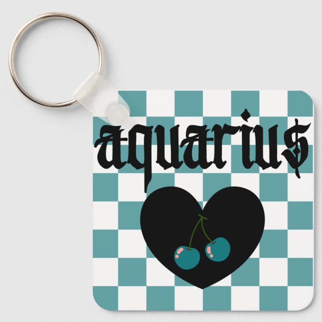 Aquarius Gothic Aesthetic Chequered Cherry Design Key Ring (Front)