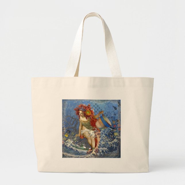 Aquarius Mermaid Gothic Blue Art Large Tote Bag (Front)
