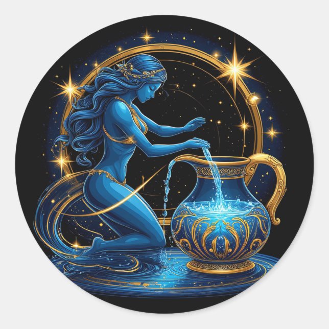 Aquarius Sign Beautiful Digital Illustration Classic Round Sticker (Front)