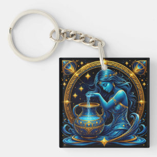 Aquarius Sign Beautiful Digital Illustration Key Ring
