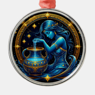Aquarius Sign Beautiful Digital Illustration Metal Ornament