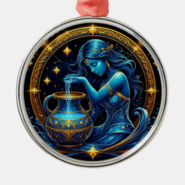 Aquarius Sign Beautiful Digital Illustration Metal Ornament (Front)