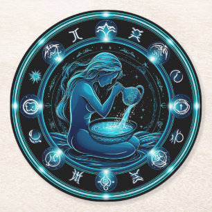Aquarius Sign Beautiful Digital Illustration Round Paper Coaster