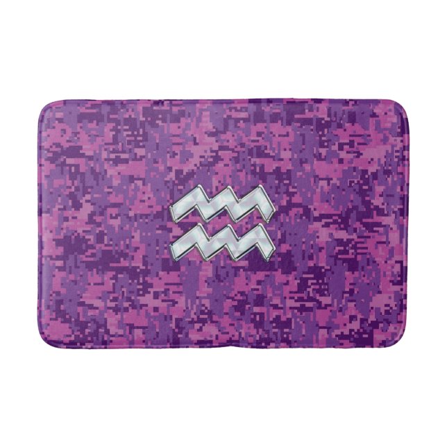 Aquarius Sign on fuchsia pink digital camo Bath Mat (Front)