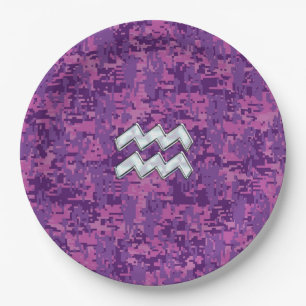 Aquarius Sign on fuchsia pink digital camo Paper Plate