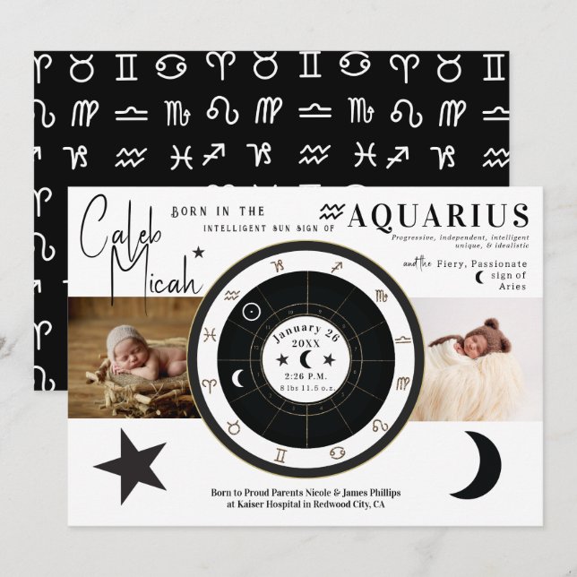 Aquarius Sun & Moon Zodiac Sign Birth Announcement (Front/Back)