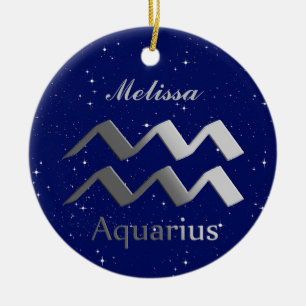 Aquarius Sun Sign Symbol with Name Ceramic Ornament