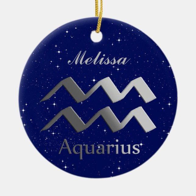 Aquarius Sun Sign Symbol with Name Ceramic Ornament (Front)